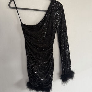 Windsor Sequin Mini Dress Asymmetrical Black Feather Trim Bodycon Small Party